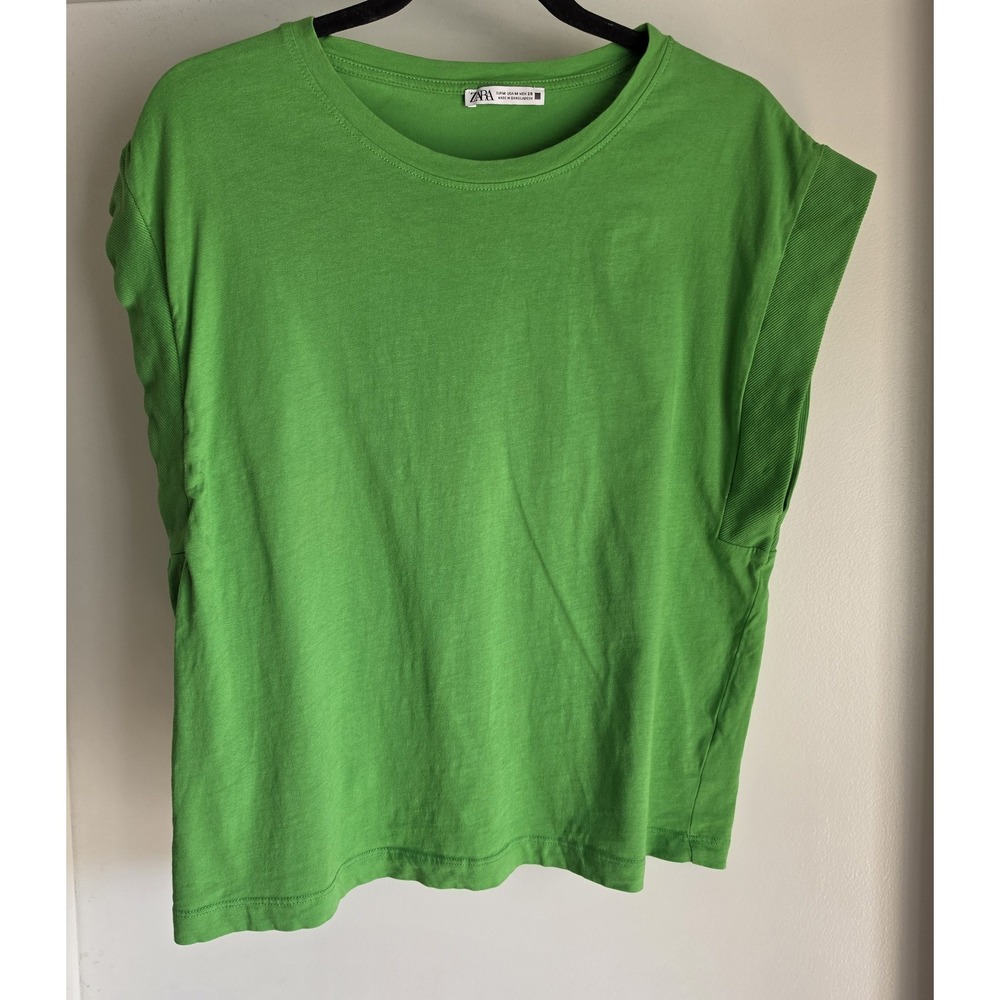 Zara T-Shirt Women M Green Solid Crew Neck Short Sleeve Tee Top Shirt